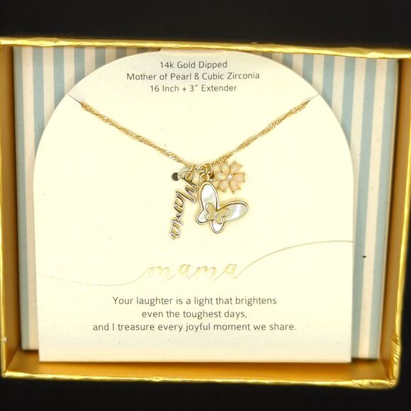 14K Gold Dipped “Mama” Necklace with Mother of Pearl Butterfly & CZ Flower - Picture 2 of 3